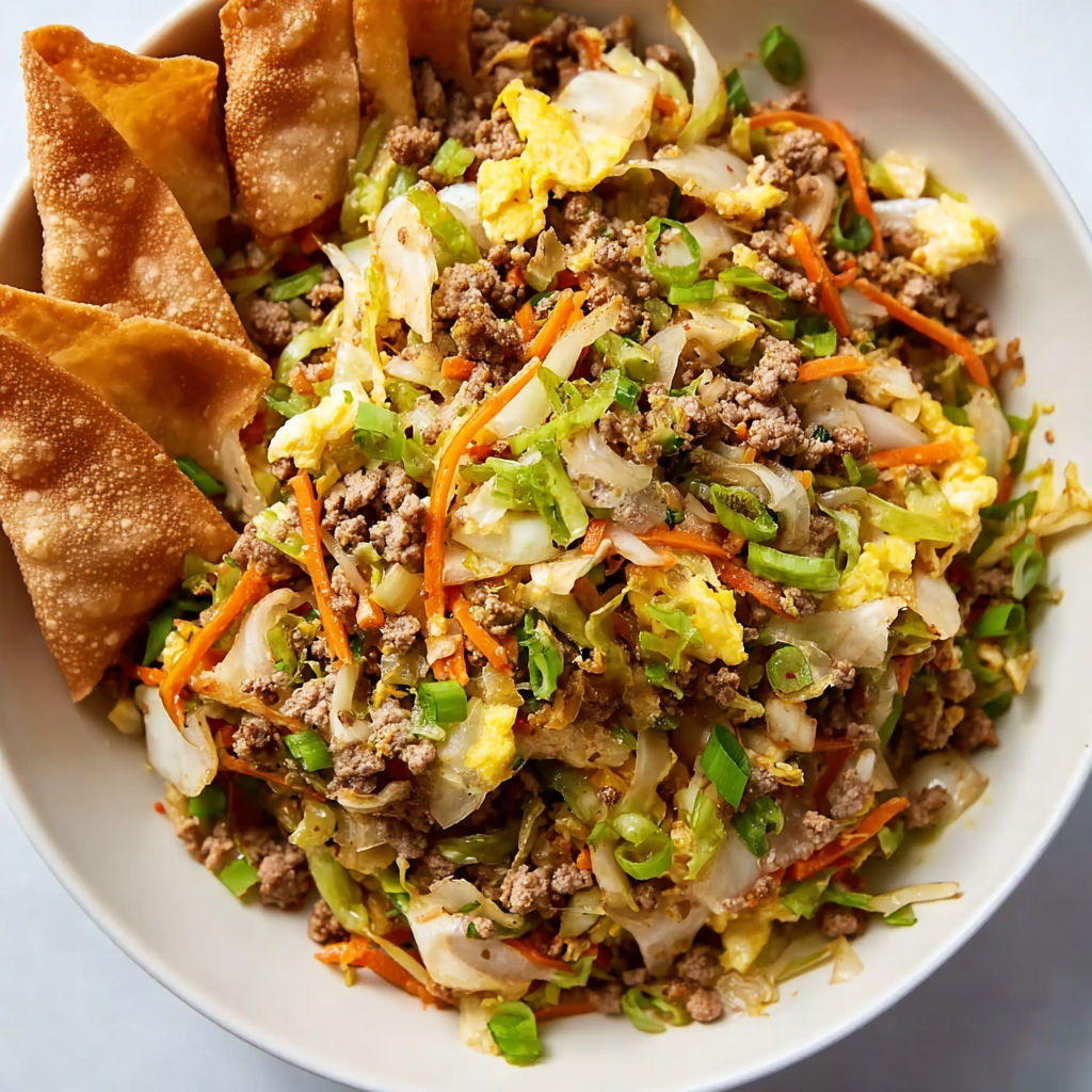 A bowl of food with a piece of egg roll in it.
