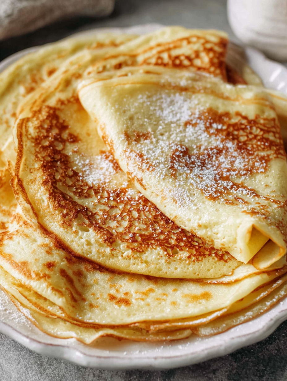 A plate of pancakes with powdered sugar on top.