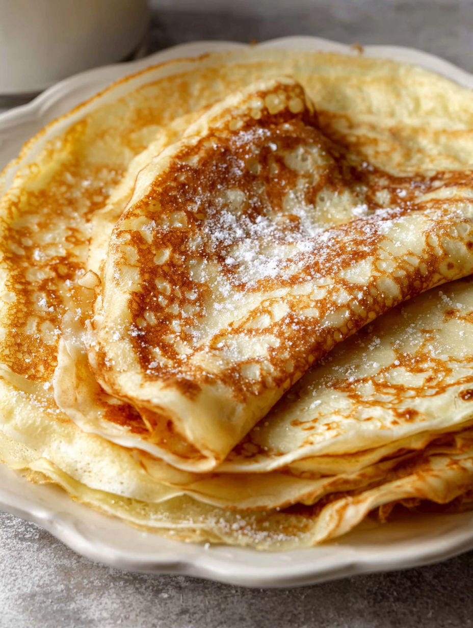 A stack of pancakes with powdered sugar on top.
