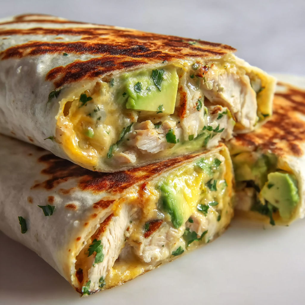 A burrito with chicken and avocado.