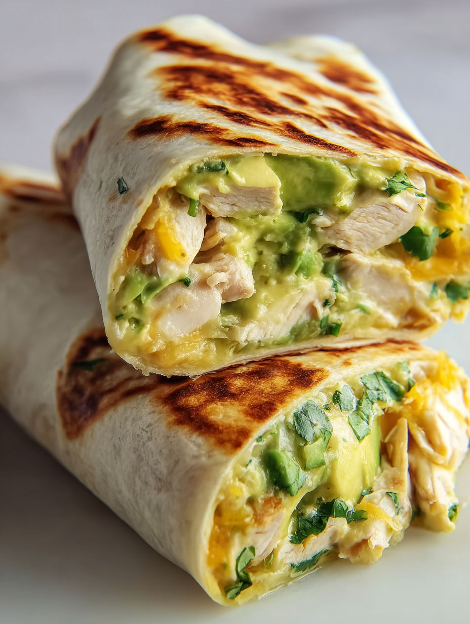 Two burritos with chicken and avocado.