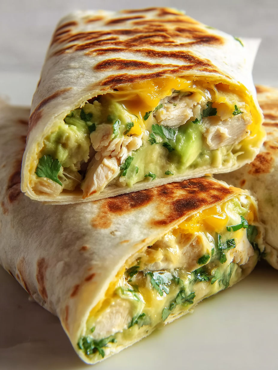 Two burritos filled with chicken and avocado.