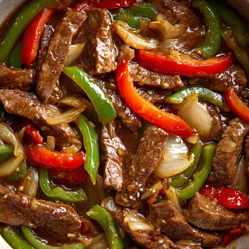 A bowl of beef stew with peppers and onions.