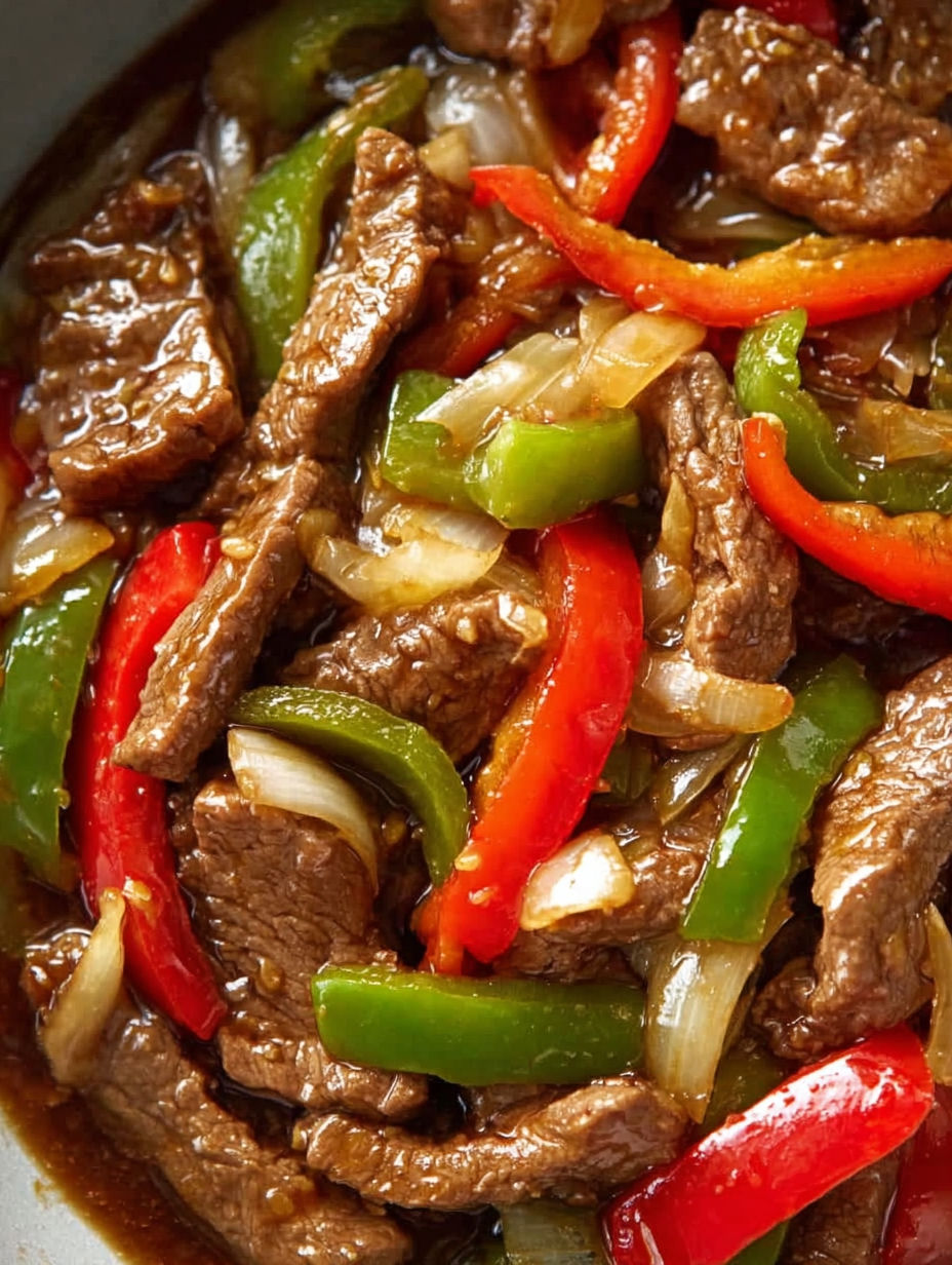 A bowl of beef stew with peppers and onions.