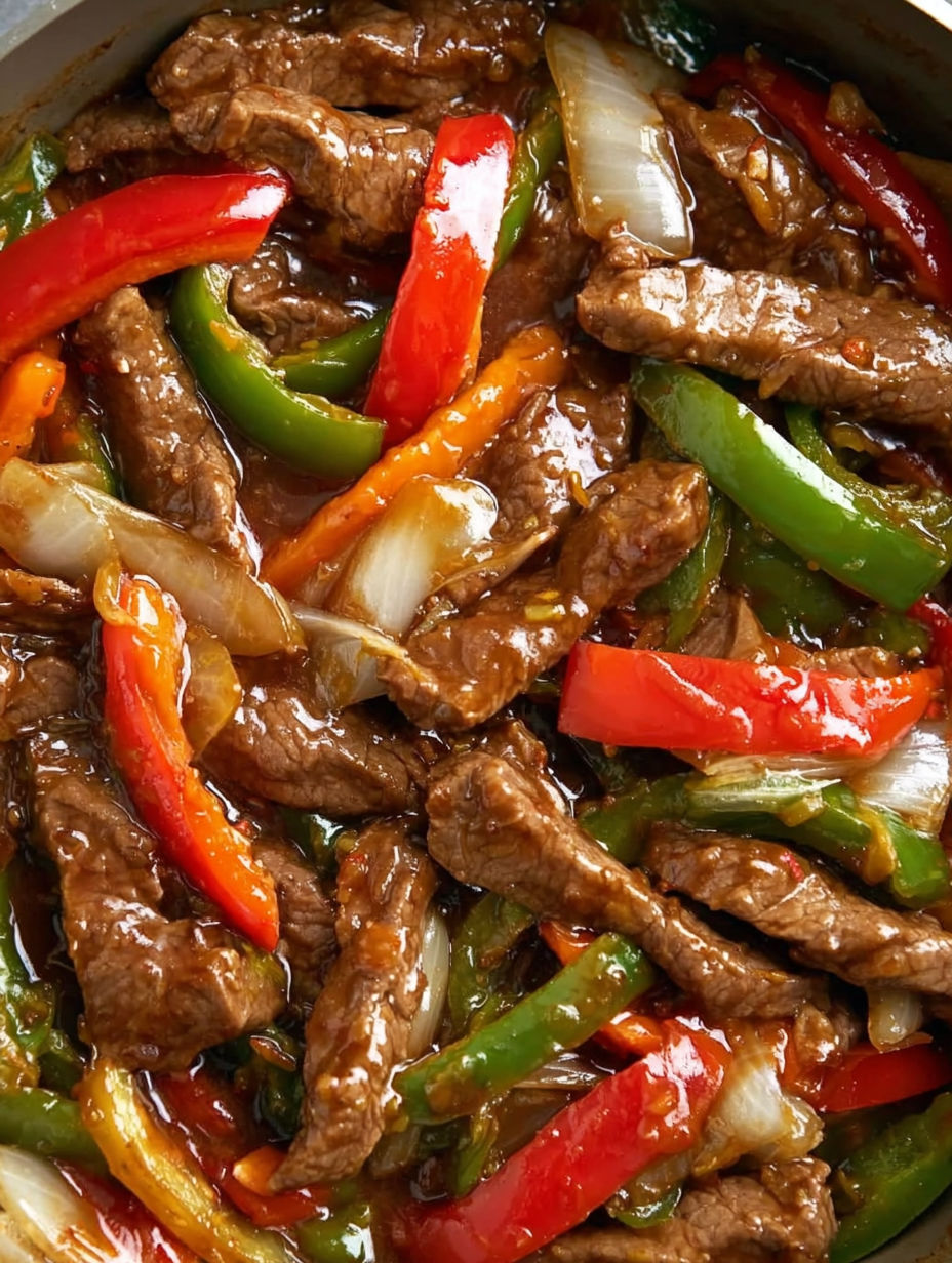 A close up of a stir fry with beef, peppers, and onions.