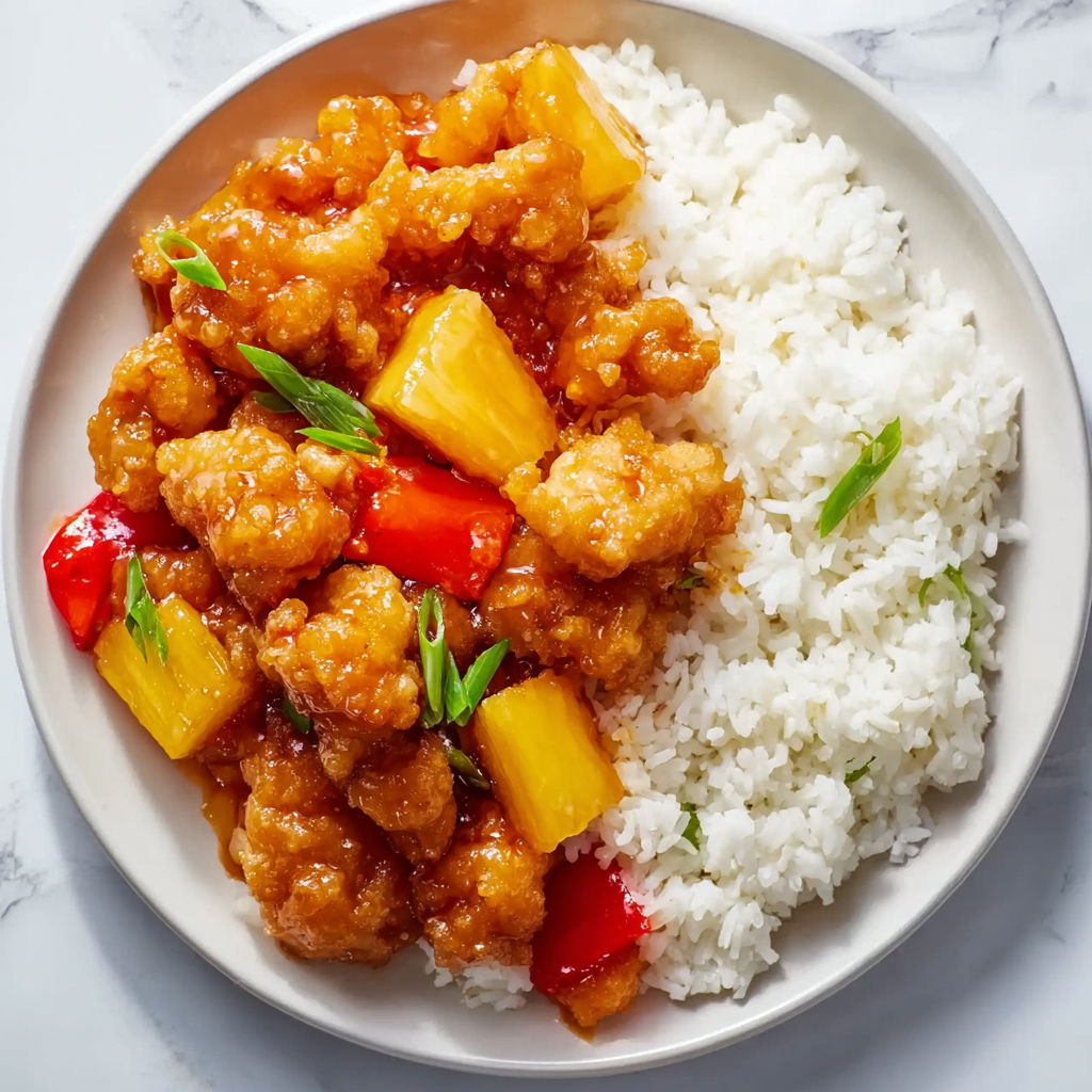A plate of Sweet and Sour Chicken with rice.