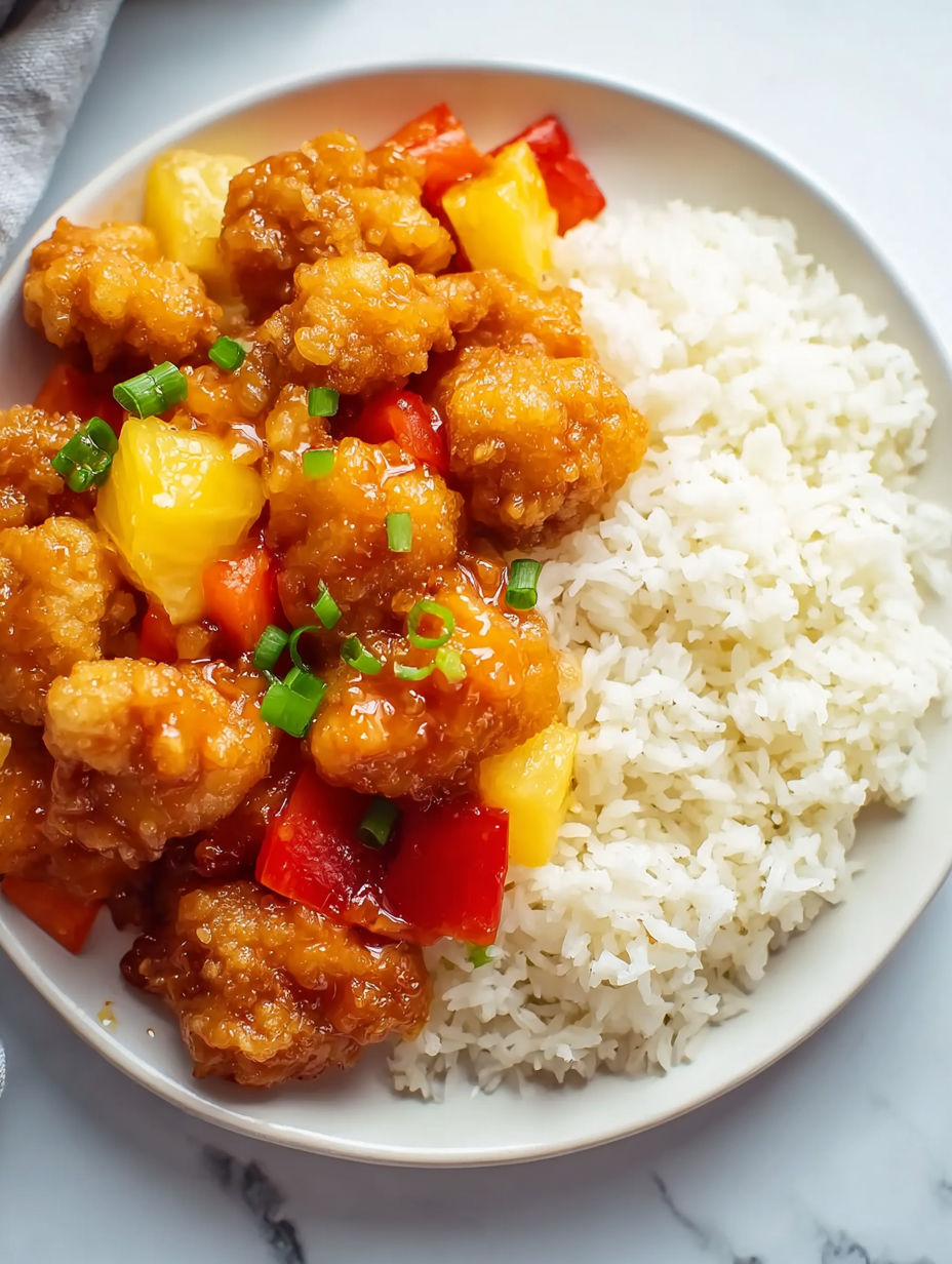 A plate of Sweet and Sour Chicken with rice.