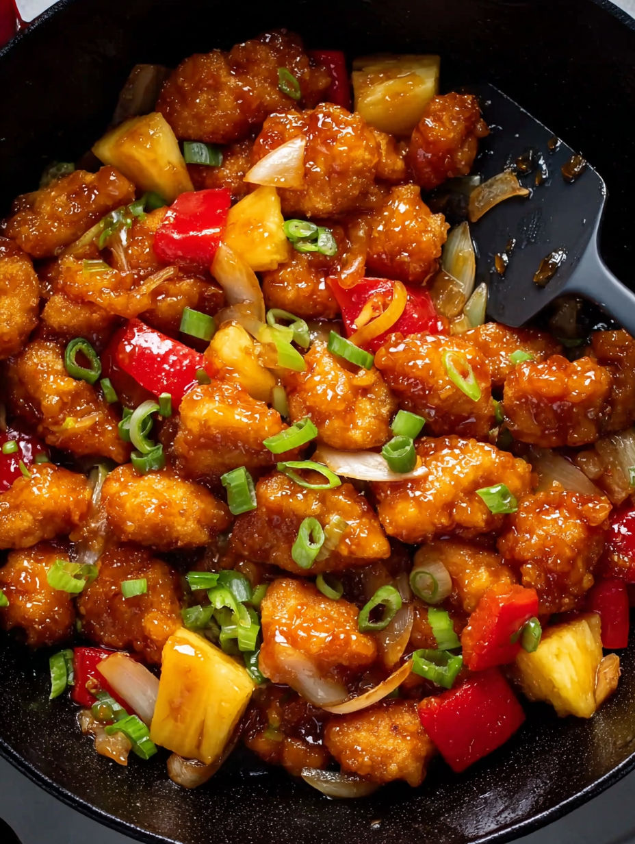 Sweet and sour chicken with peppers and onions.