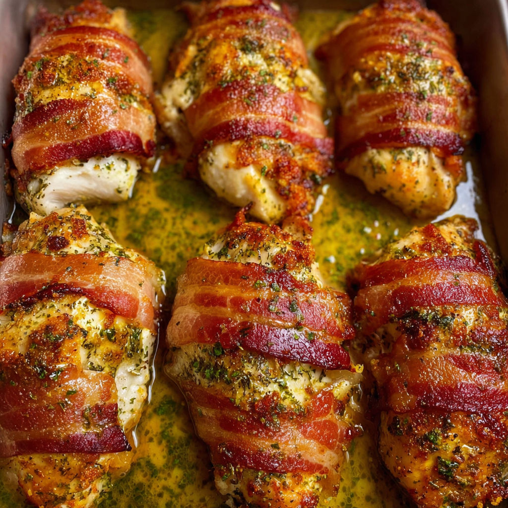 Bacon Wrapped Garlic Parmesan Chicken.