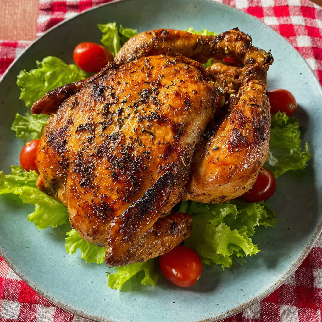 A plate of chicken with tomatoes and lettuce.