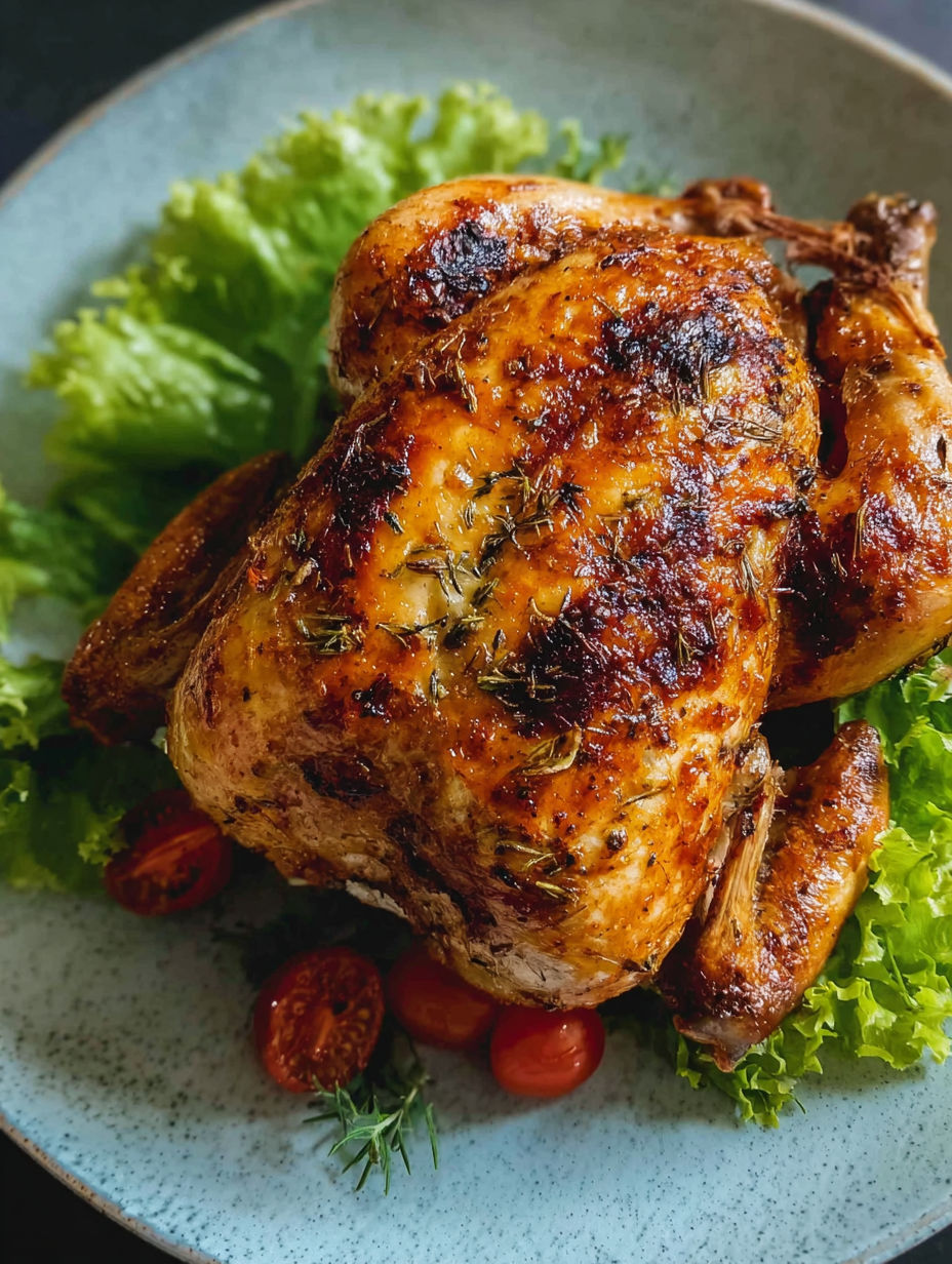 A roasted chicken with herbs on a plate.