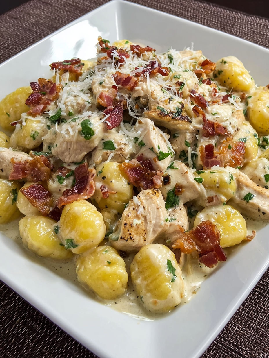 A plate of food with chicken, pasta, and bacon.