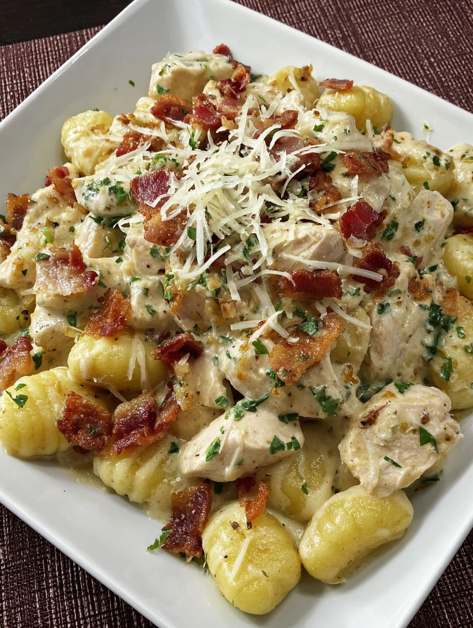 A plate of food with chicken, bacon, and pasta.