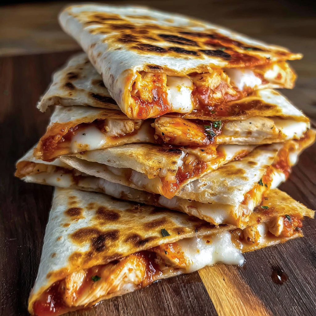 A stack of chicken-pepperoni pizza melts.