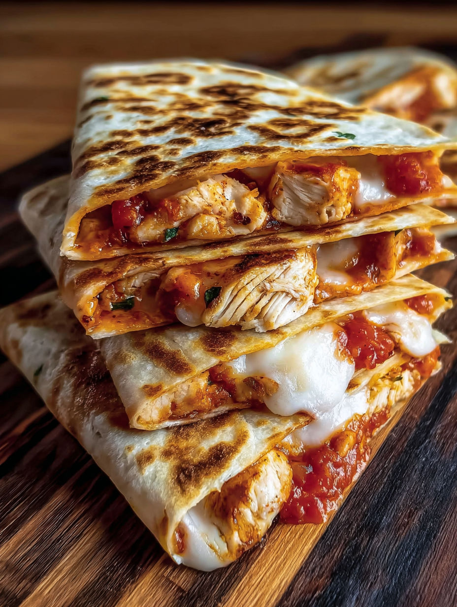 A stack of chicken-pepperoni pizza melts.