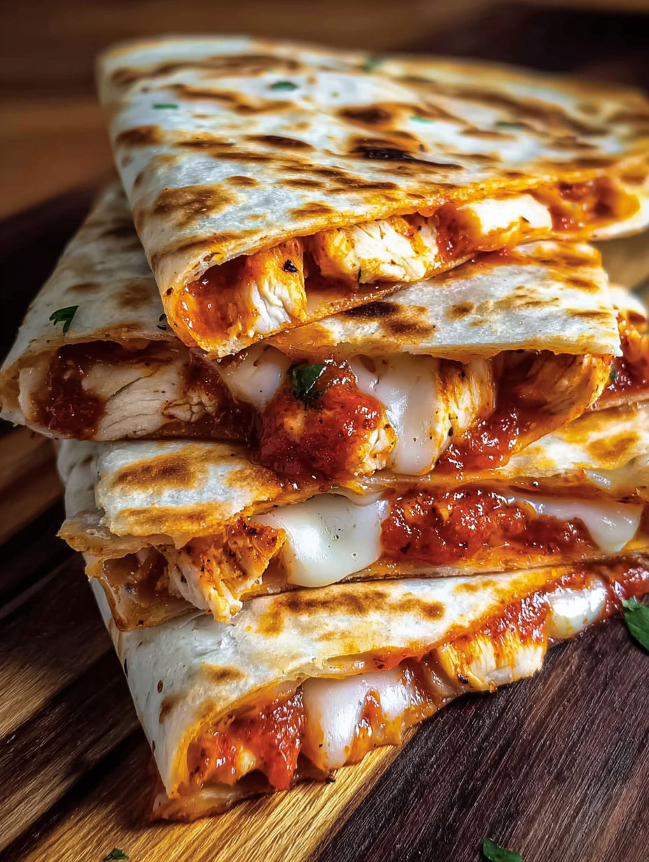 A stack of chicken and pepperoni pizza melts.