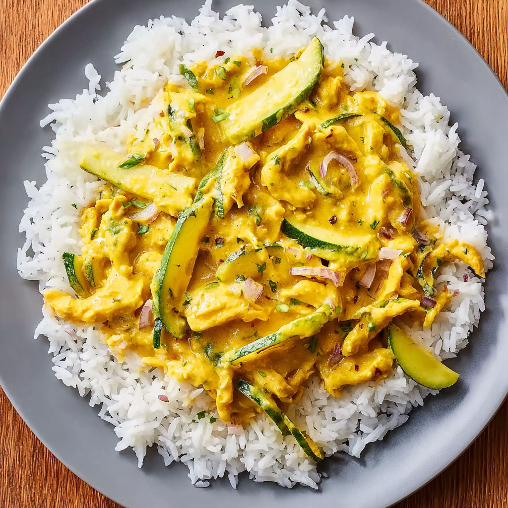 A plate of rice with chicken curry and vegetables.