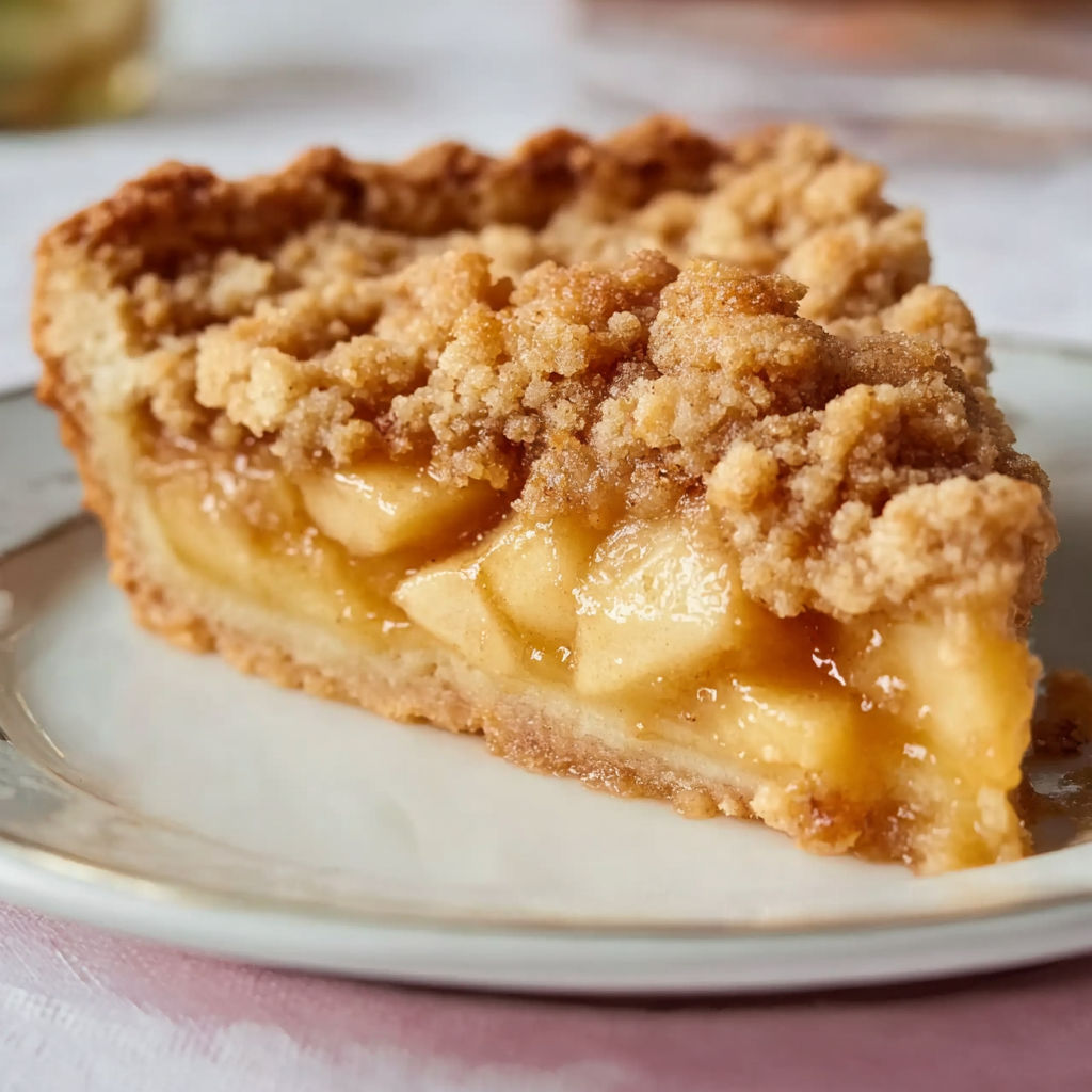 A slice of vegan apple pie with cinnamon streusel.