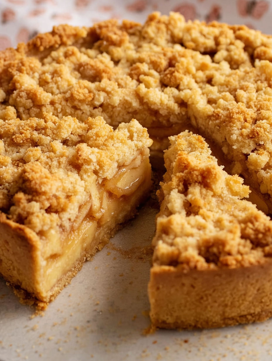 A slice of vegan apple pie with cinnamon streusel.