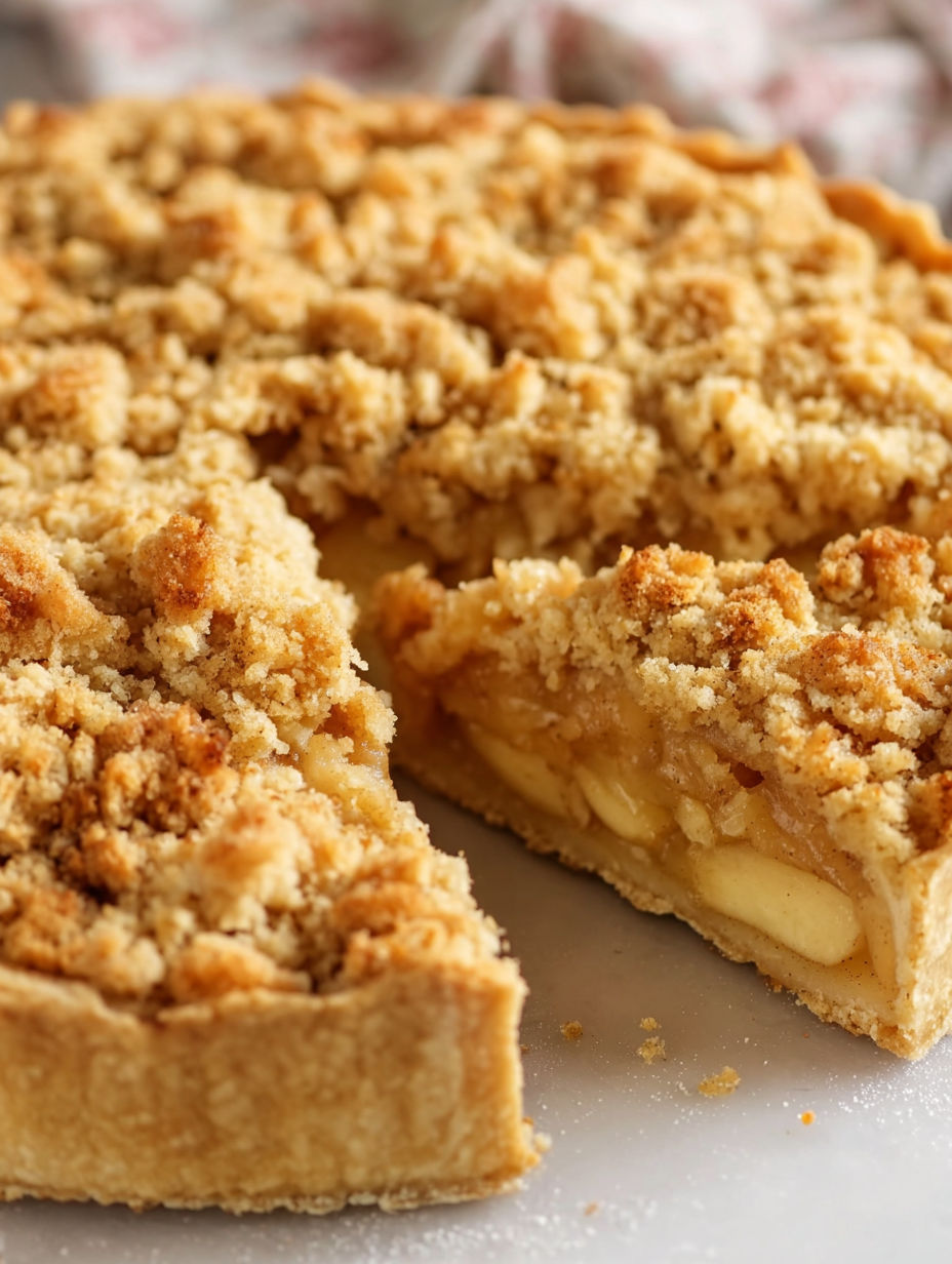 A slice of vegan apple pie with cinnamon streusel.