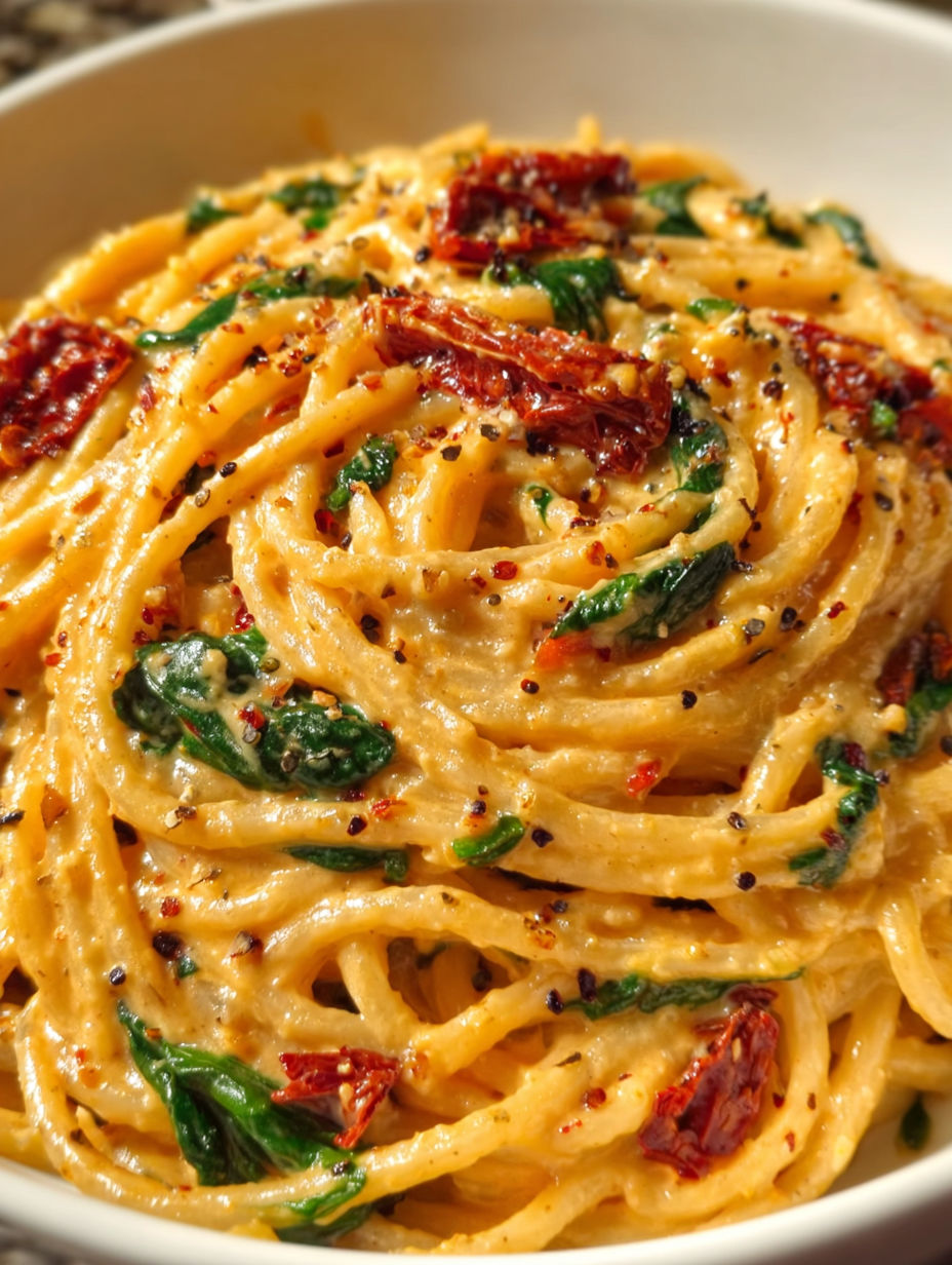 Spaghetti with spinach and tomatoes in creamy sauce.