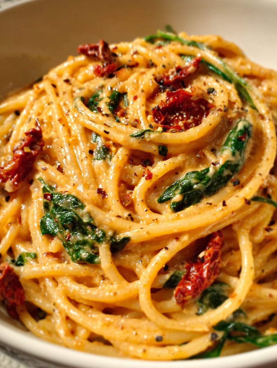 Spaghetti with spinach and tomatoes in creamy sauce.