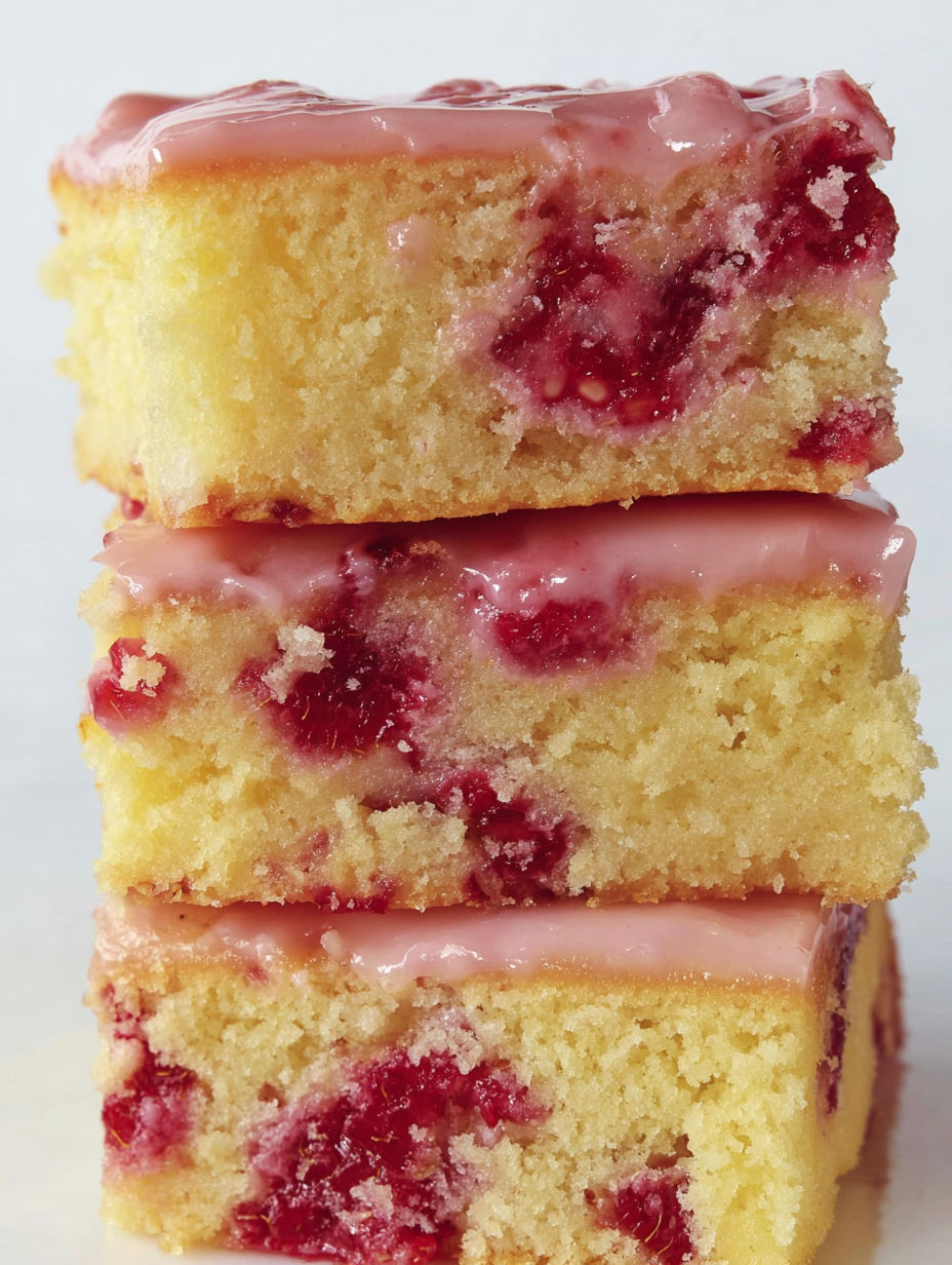 Three layers of raspberry lemonade bars.