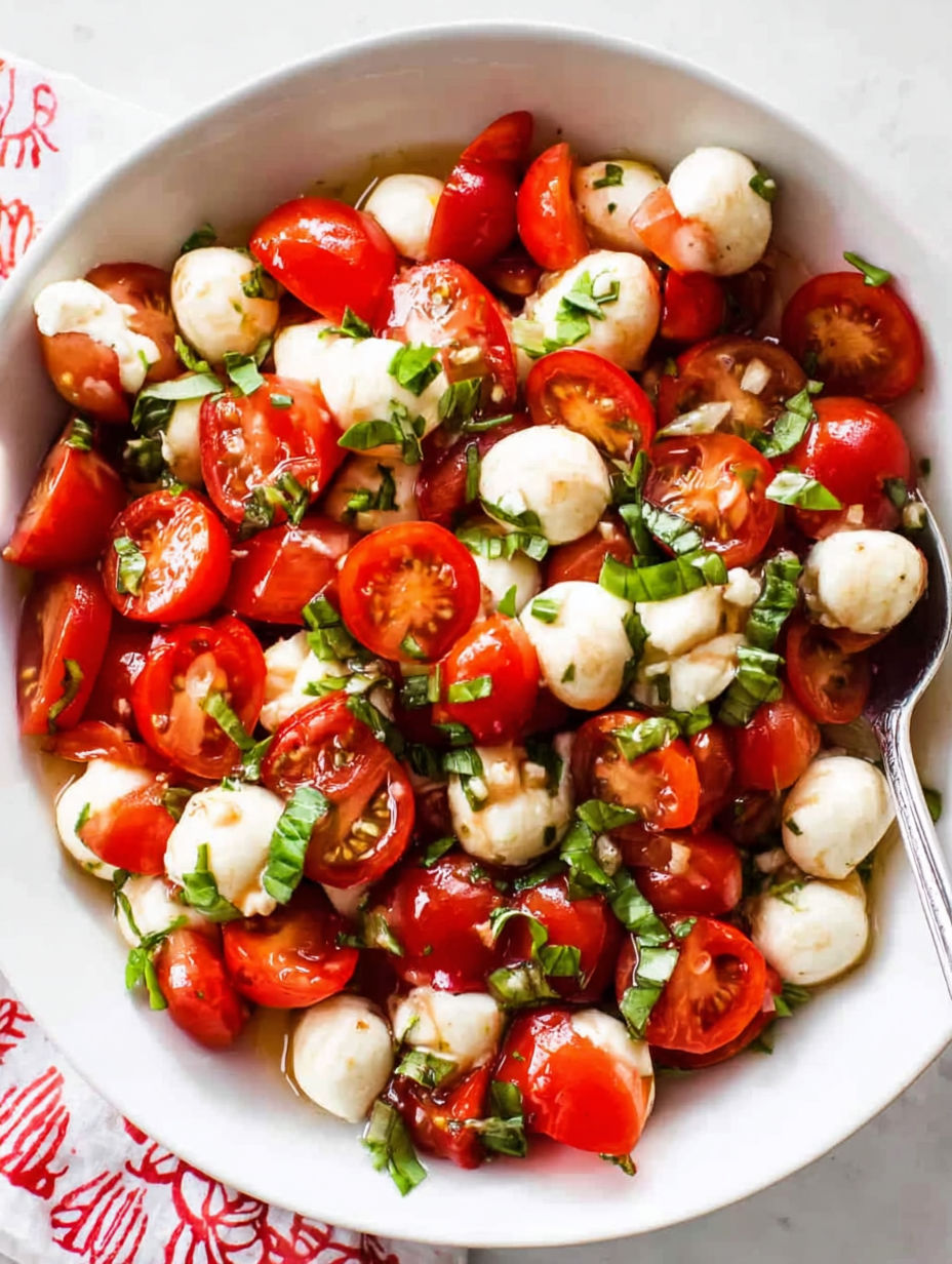 A bowl of Caprese salad with tomatoes and cheese.