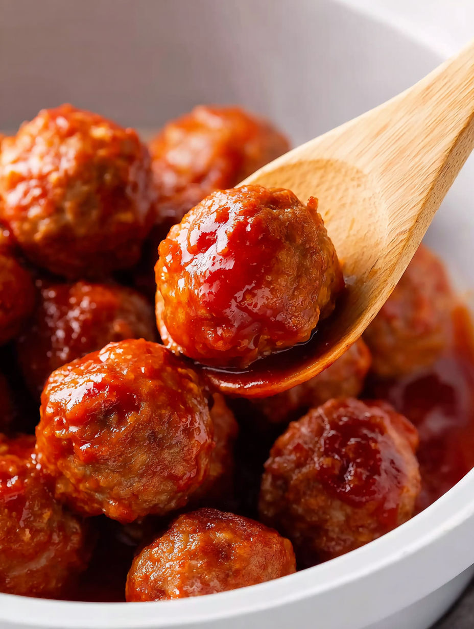 A wooden spoon is dipping into a bowl of meatballs.