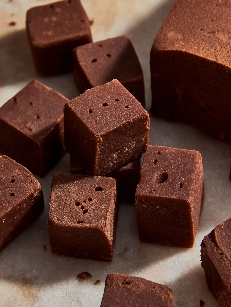 A close up of chocolate fudge cubes.