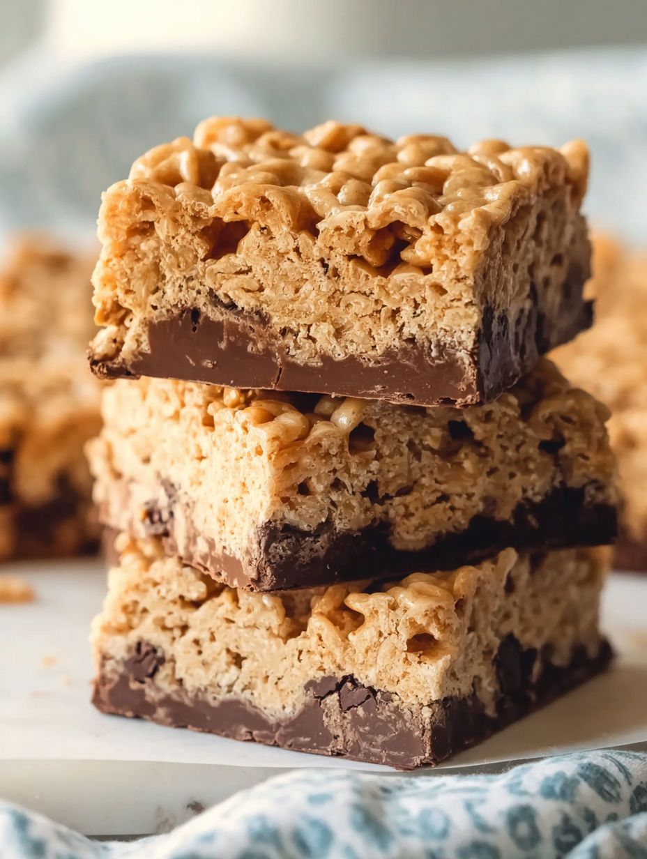 A stack of three no-bake chocolate peanut butter cheerio bars.