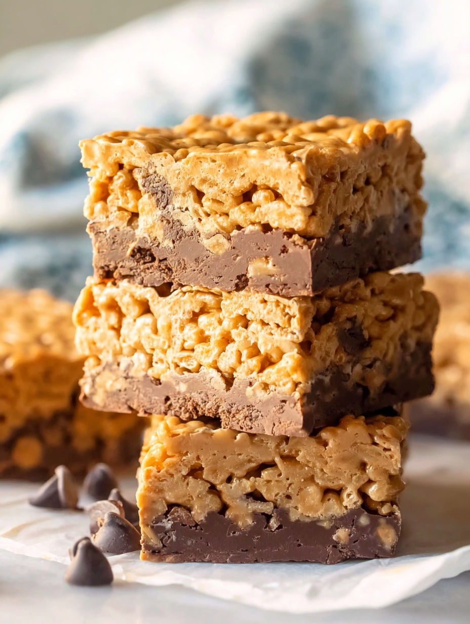 A stack of three chocolate peanut butter cheerio bars.