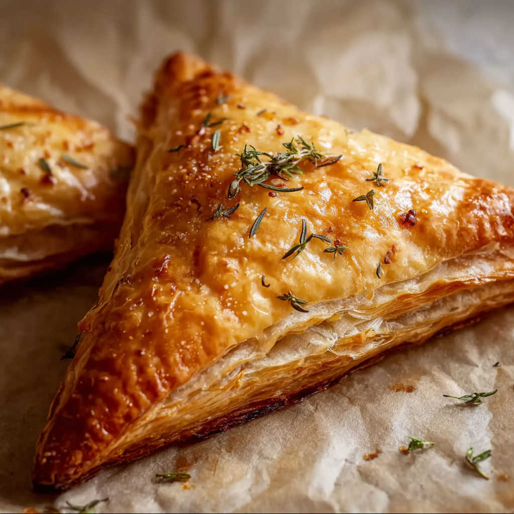 Two triangular pastries with cheese and herbs.