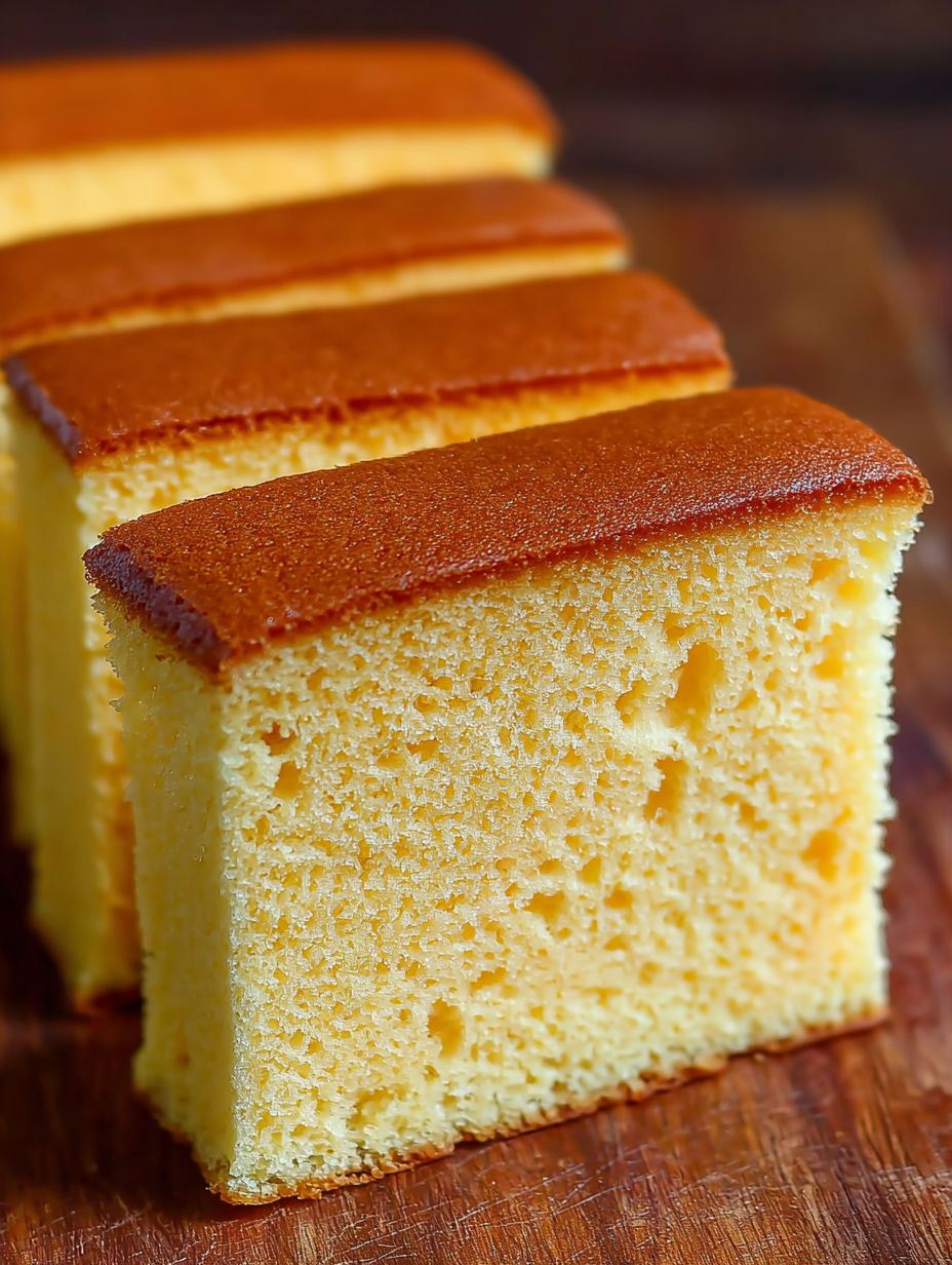 A slice of Japanese Castella cake.