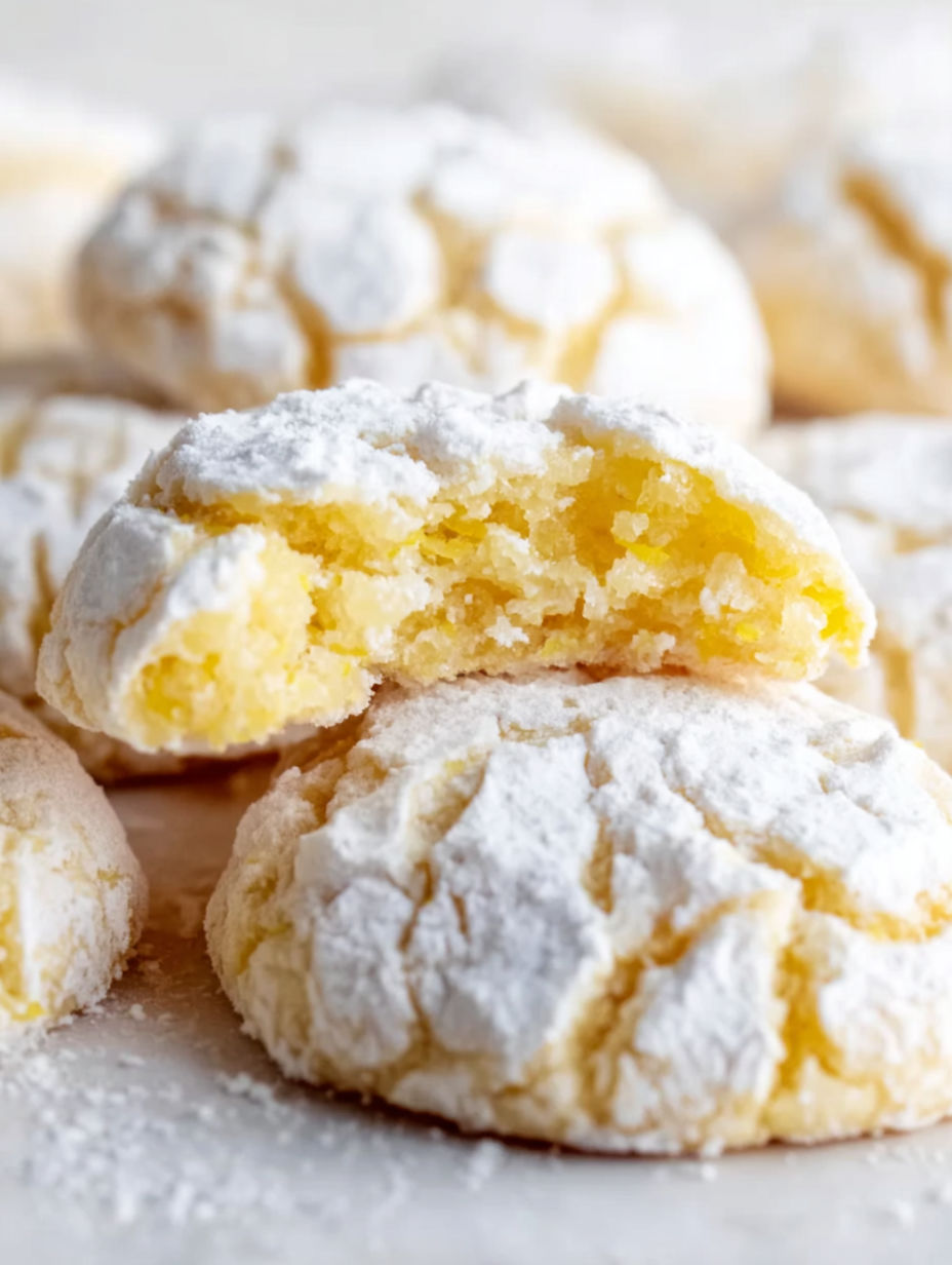 A close up of a lemon crinkle cookie.