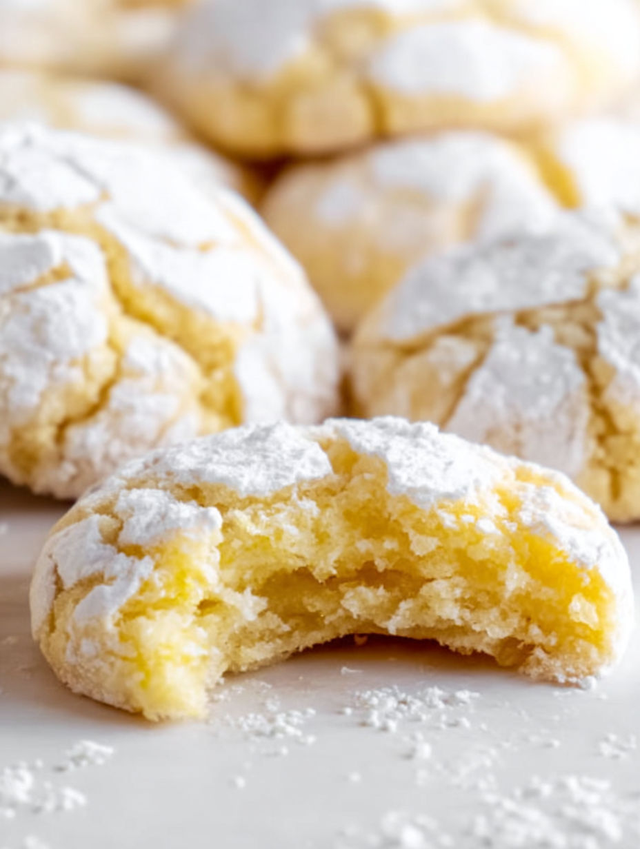 A close up of a lemon crinkle cookie.