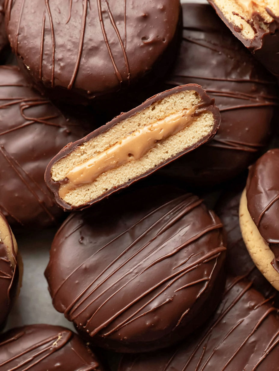 A chocolate covered cookie with peanut butter in the middle.