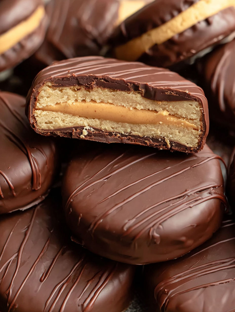 A close up of a chocolate cookie with peanut butter and a crumbly texture.