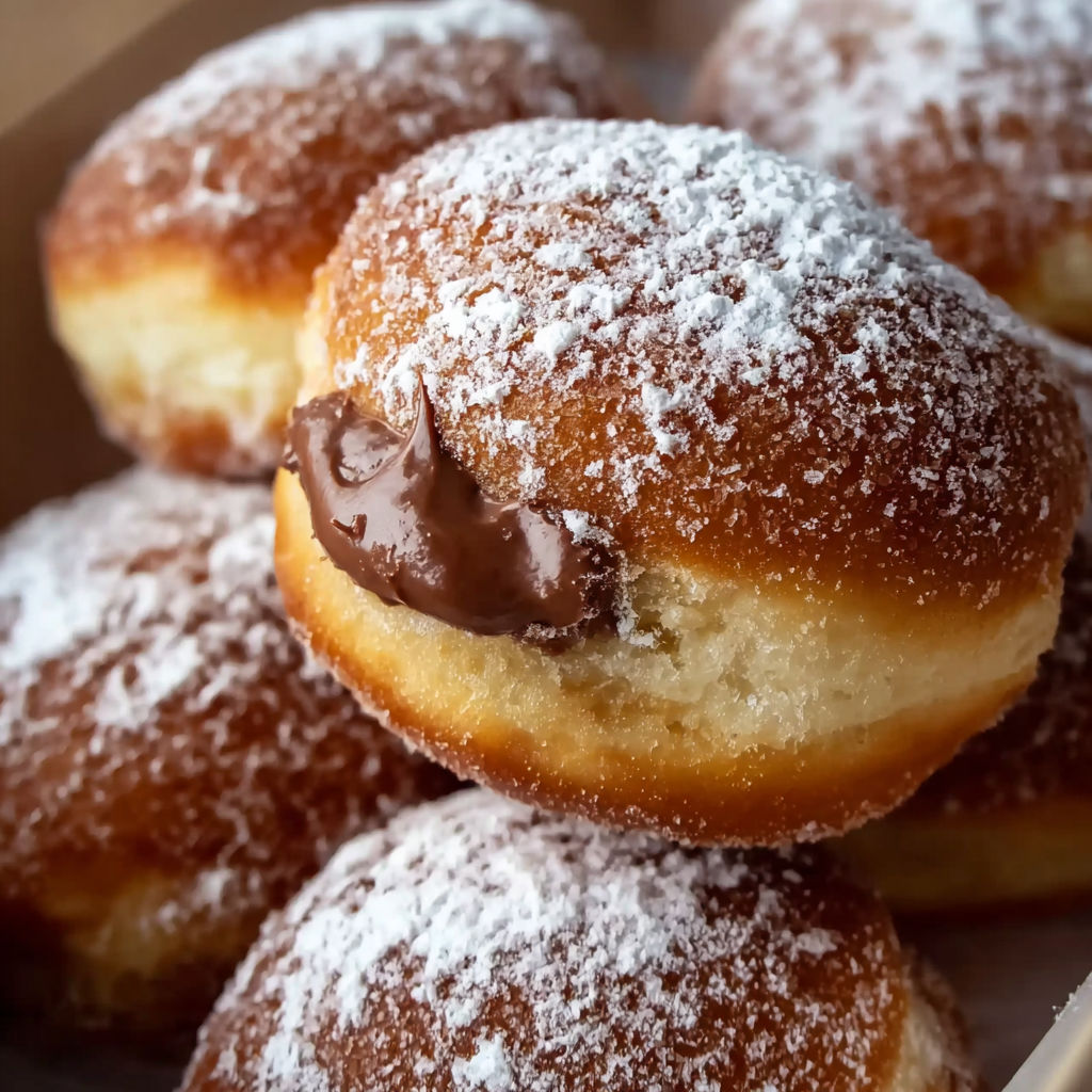 A box of beignets with chocolate sauce.
