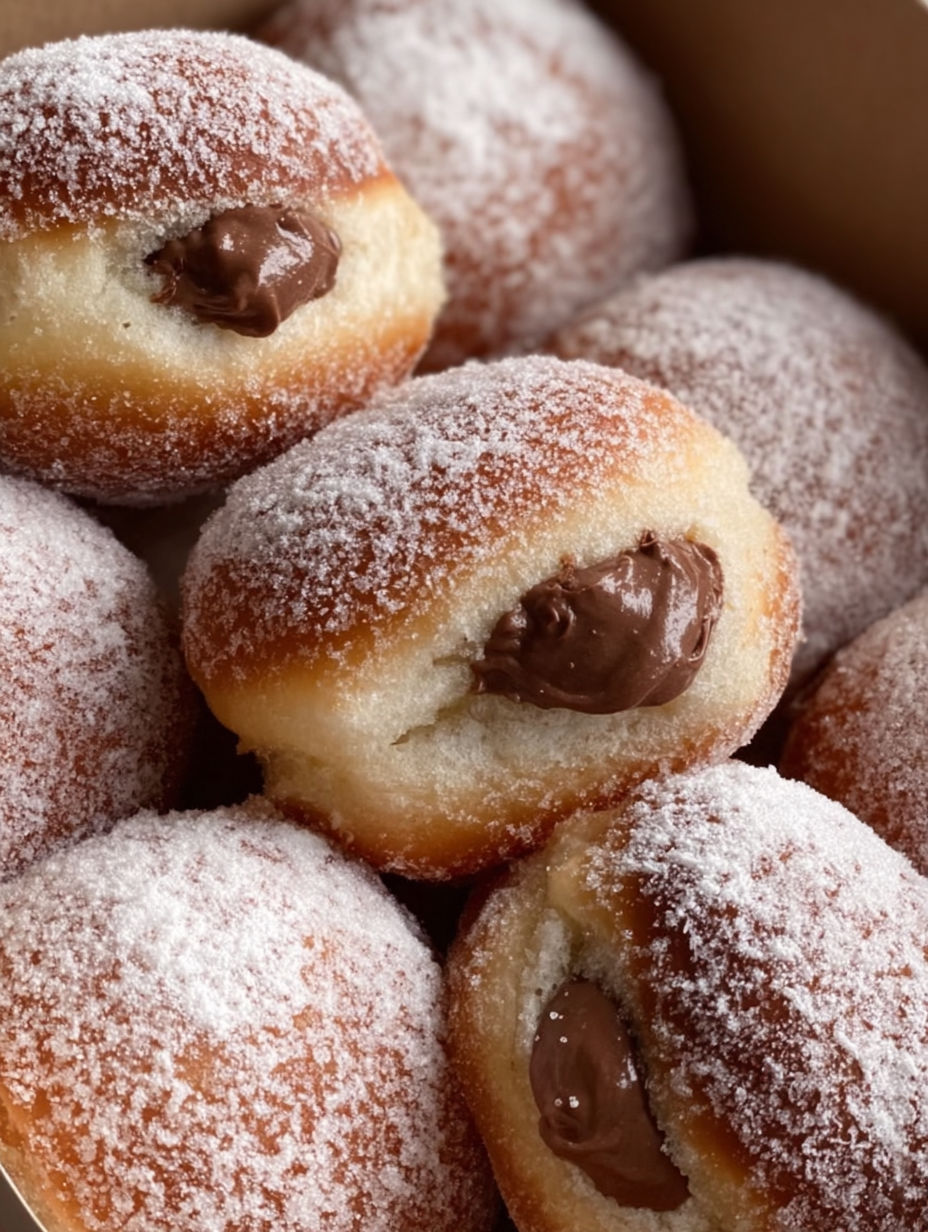 A pile of beignets with chocolate on top.