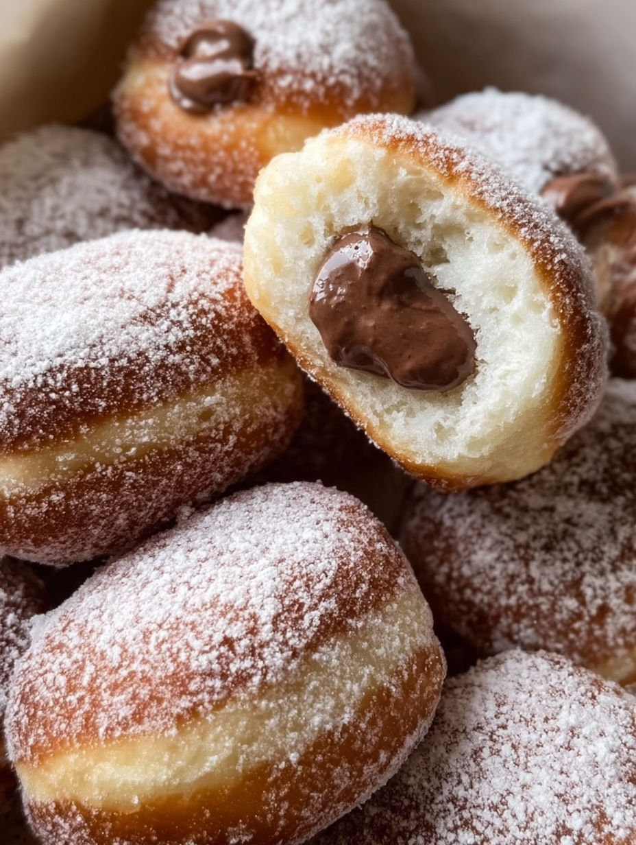 A pile of powdered sugar covered beignets.