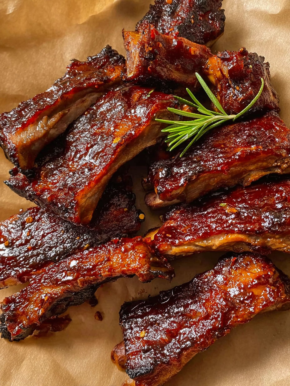 A pile of BBQ ribs on a paper towel.