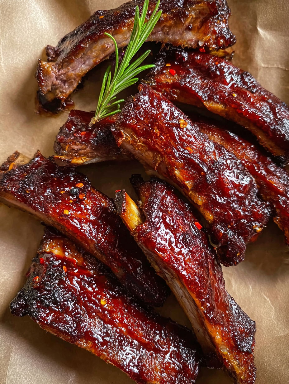 A pile of BBQ ribs with a sprig of rosemary on top.