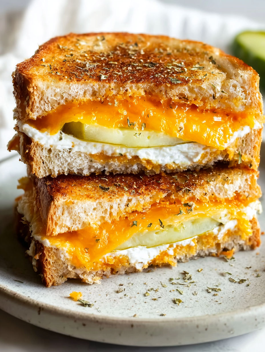 A grilled cheese sandwich with pickles on a plate.