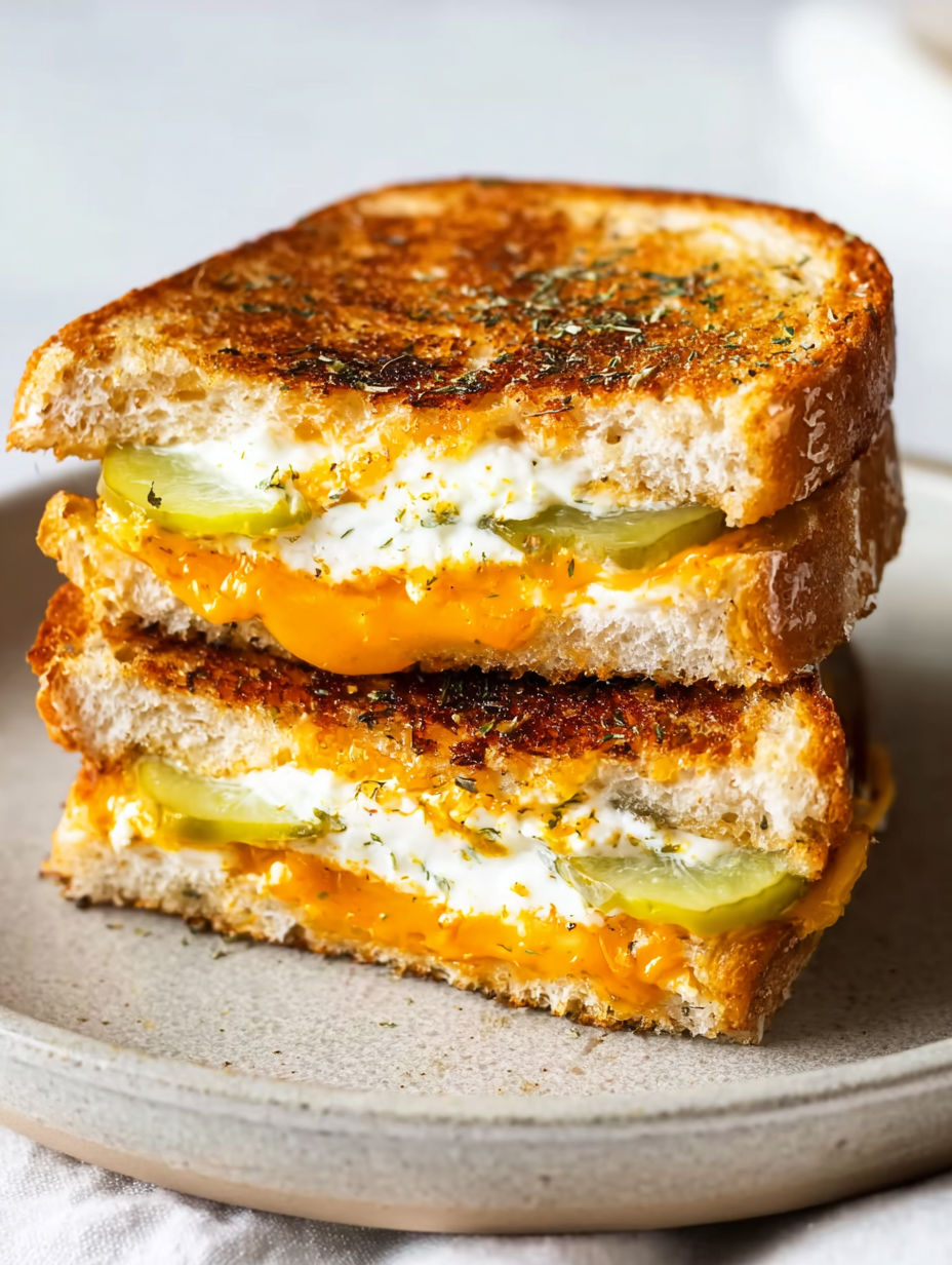 A grilled cheese sandwich with pickles.