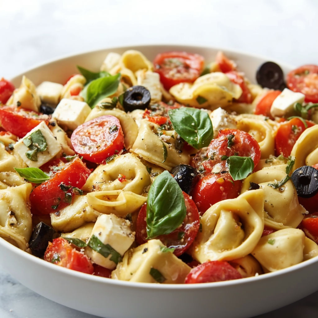 A bowl of pasta salad with tomatoes, olives, and Parmesan cheese.