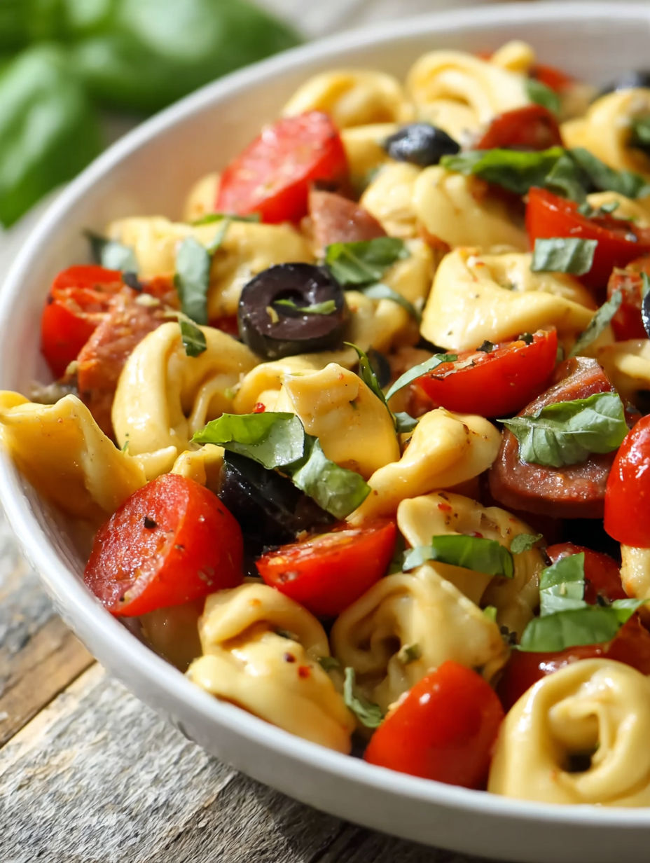 A bowl of pasta salad with tomatoes, olives, and parsley.