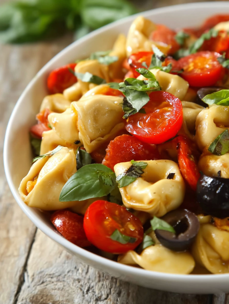 A bowl of pasta with tomatoes and basil.