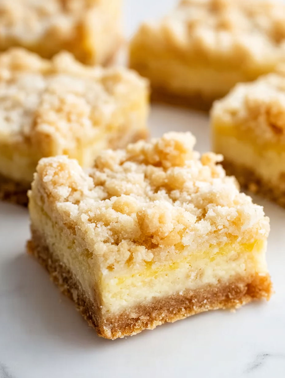A square piece of cake with a yellow filling.