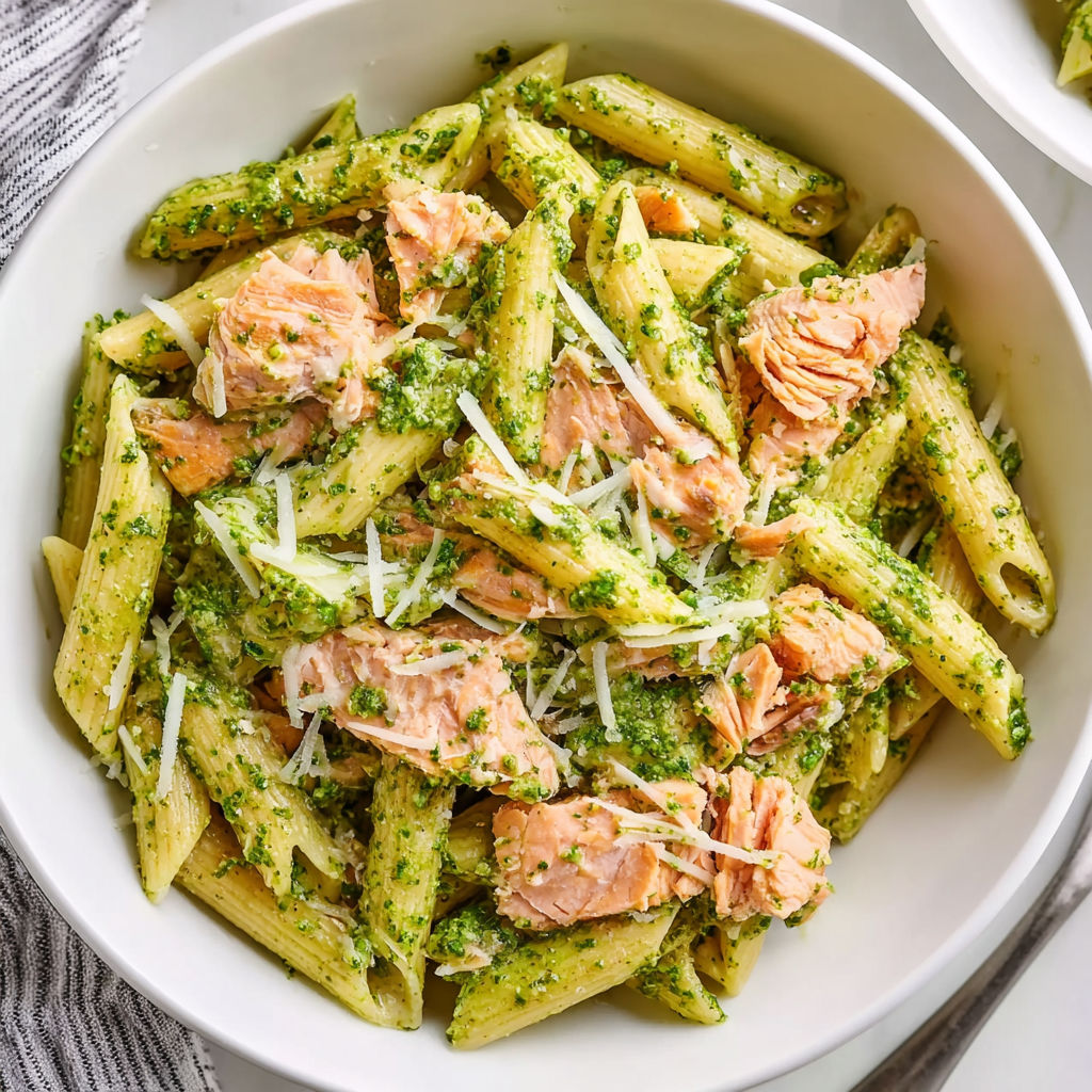 A bowl of pasta with salmon and pesto.